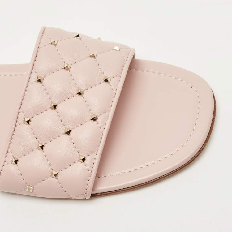 Pre Owned Valentino Pink Quilted Leather Rockstud Spike Slide Flats Size 40
