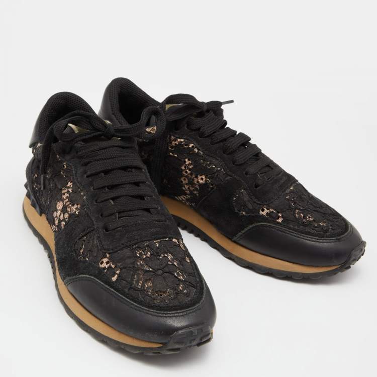 Pre Owned Valentino Black Lace,Suede and Leather Rockrunner Sneakers Size 38