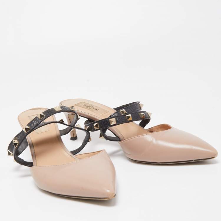 Pre Owned Valentino Beige Leather Rockstud  Mules Size 39