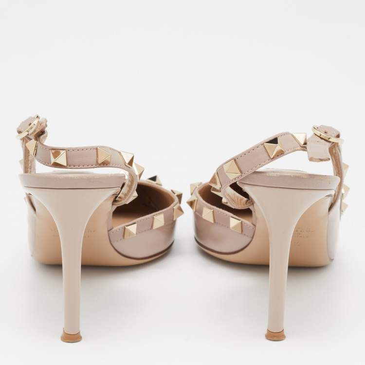 Pre Owned Valentino Beige Patent and Leather Rockstud Slingback Pumps Size 37.5