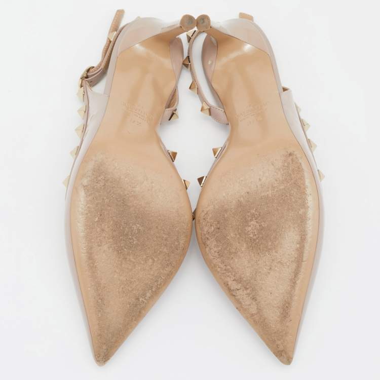 Pre Owned Valentino Beige Patent and Leather Rockstud Slingback Pumps Size 37.5