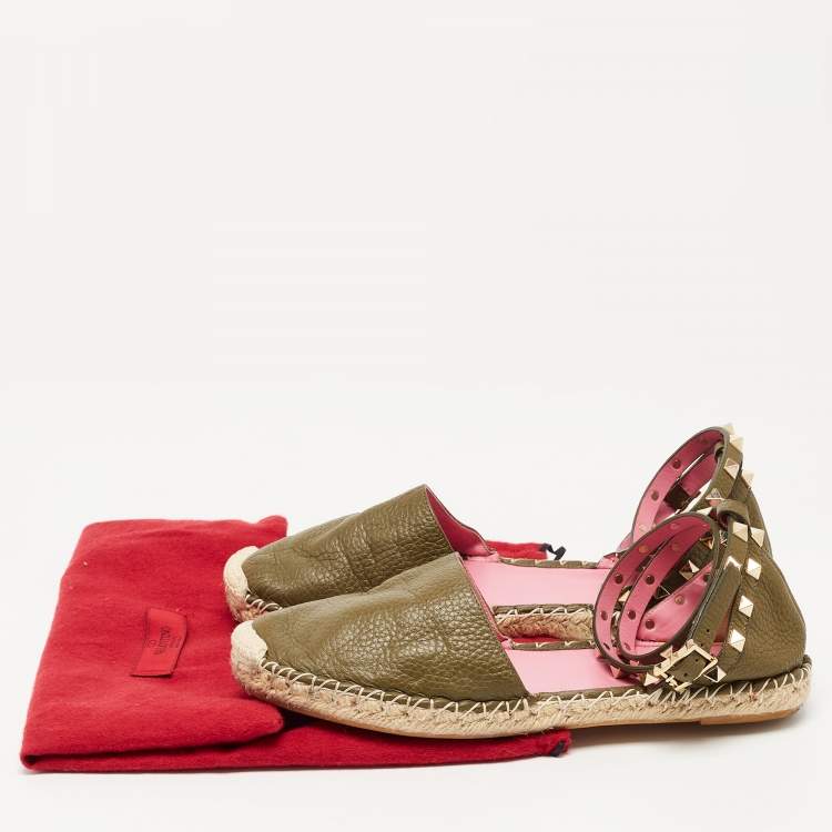 Pre Owned Valentino Dark Green Leather Rockstud Espadrille Flats Size 39