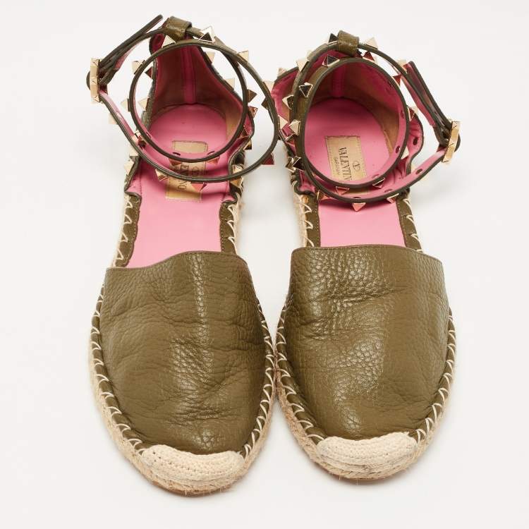 Pre Owned Valentino Dark Green Leather Rockstud Espadrille Flats Size 39