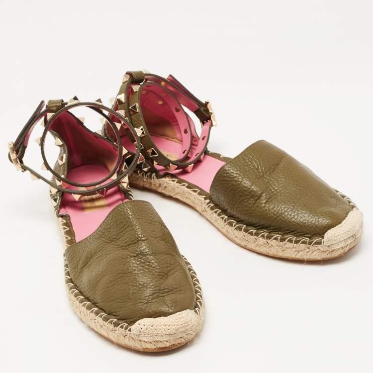 Pre Owned Valentino Dark Green Leather Rockstud Espadrille Flats Size 39