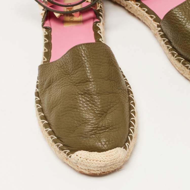 Pre Owned Valentino Dark Green Leather Rockstud Espadrille Flats Size 39