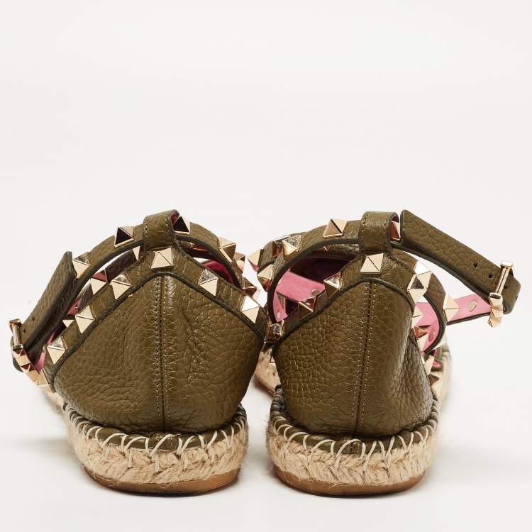 Pre Owned Valentino Dark Green Leather Rockstud Espadrille Flats Size 39