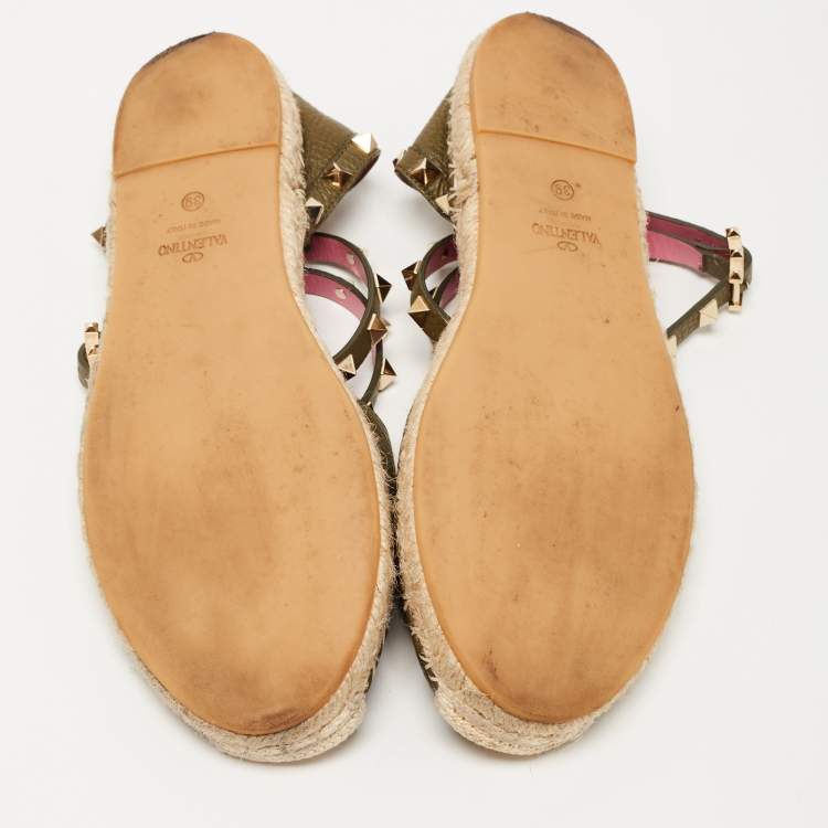 Pre Owned Valentino Dark Green Leather Rockstud Espadrille Flats Size 39