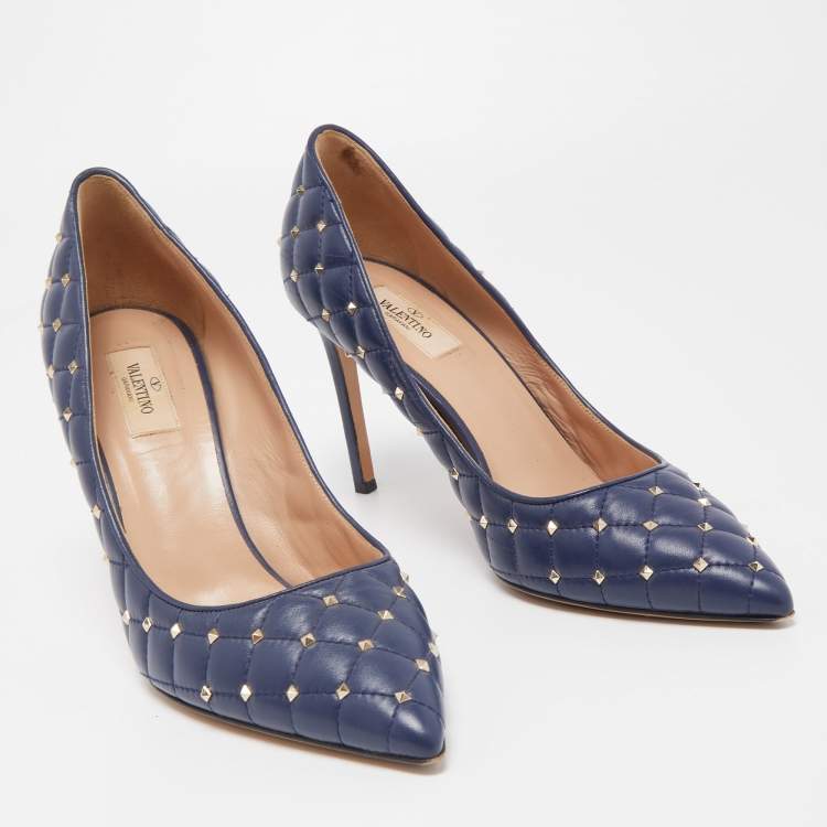 Pre Owned Valentino Navy Blue Quilted Leather Rockstud Spike Pumps Size 41