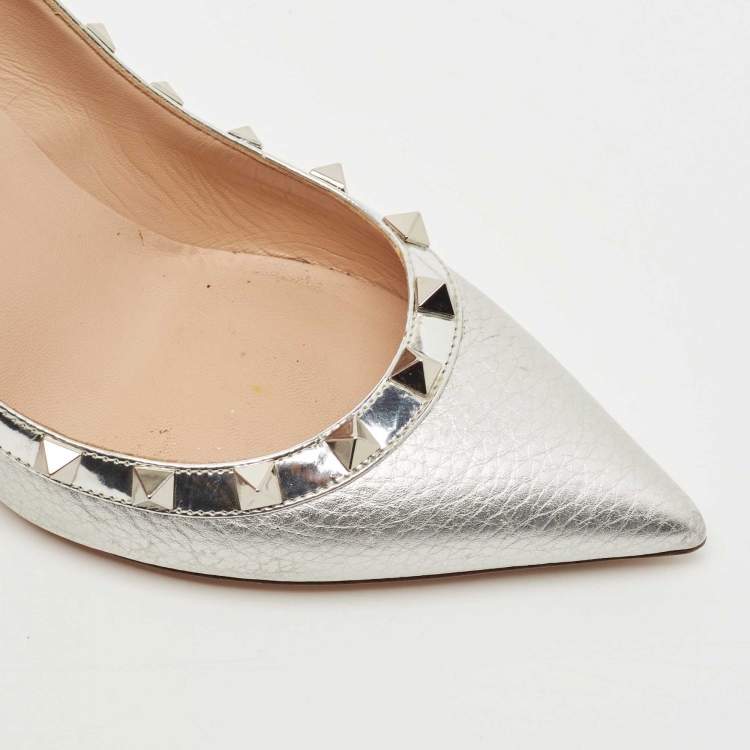 Pre Owned Valentino Silver Foil Leather Rockstud Pointed Toe Pumps Size 37.5
