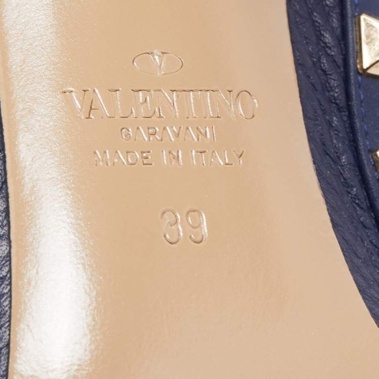 Pre Owned Valentino Navy Blue Leather Rockstud Ankle Strap Pumps Size 39
