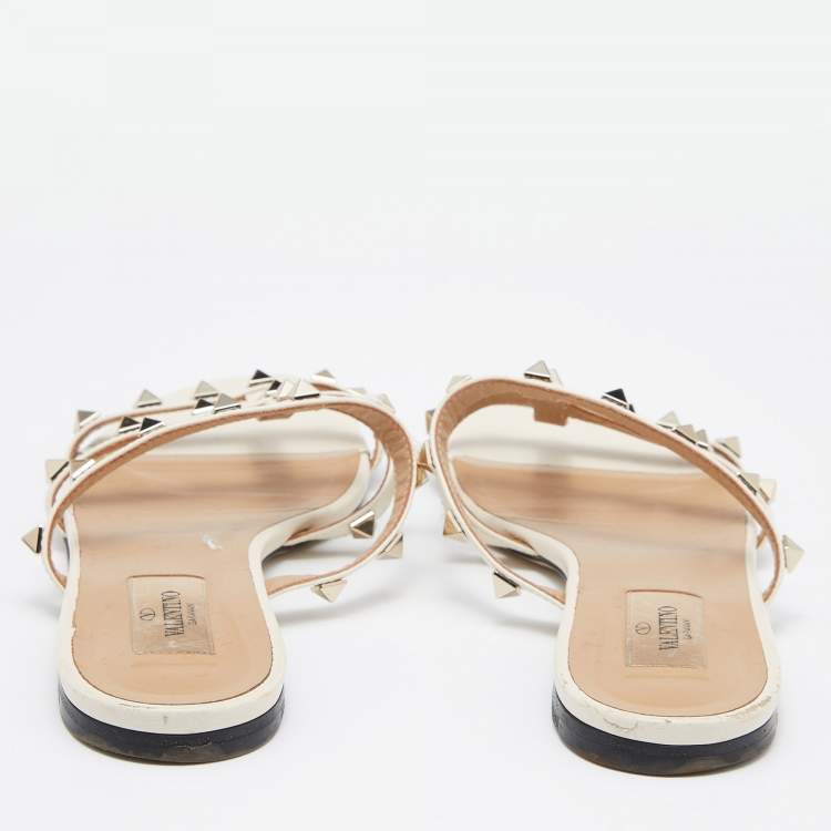 Pre Owned Valentino White Leather Rockstud Slide Flats Size 37