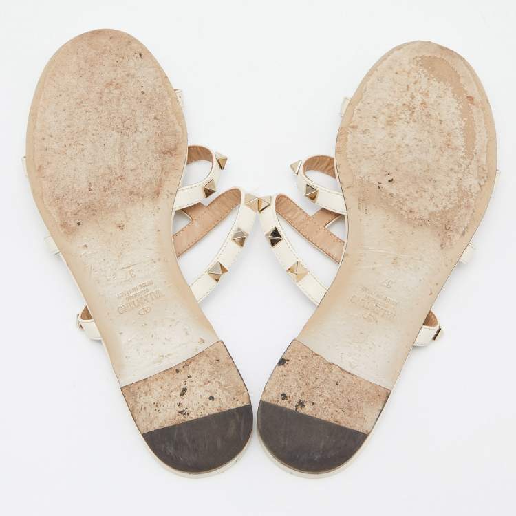 Pre Owned Valentino White Leather Rockstud Slide Flats Size 37