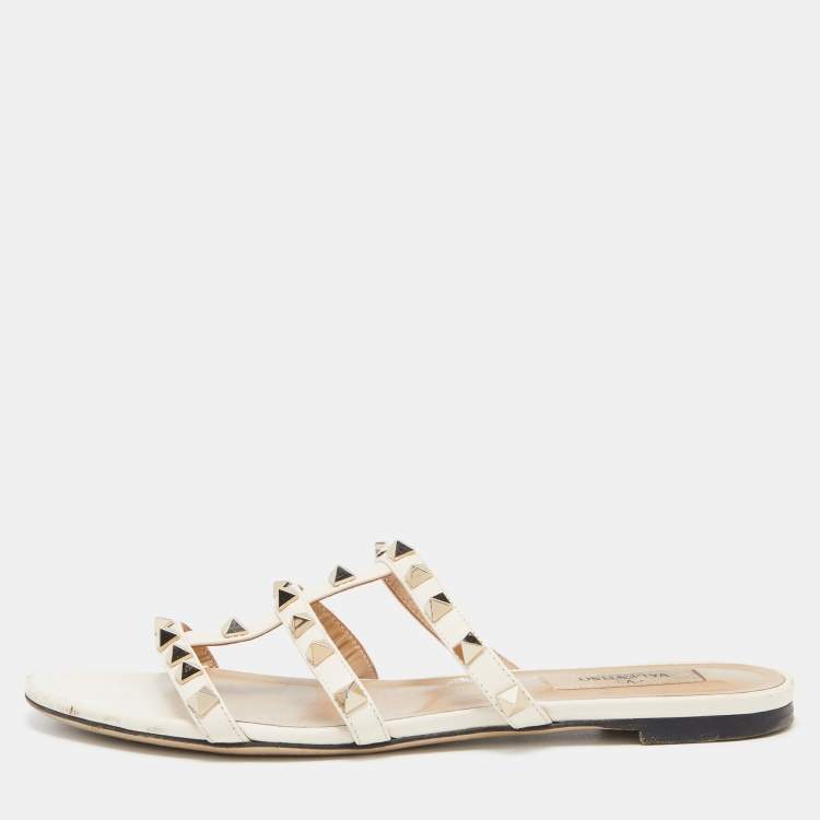 Pre Owned Valentino White Leather Rockstud Slide Flats Size 37