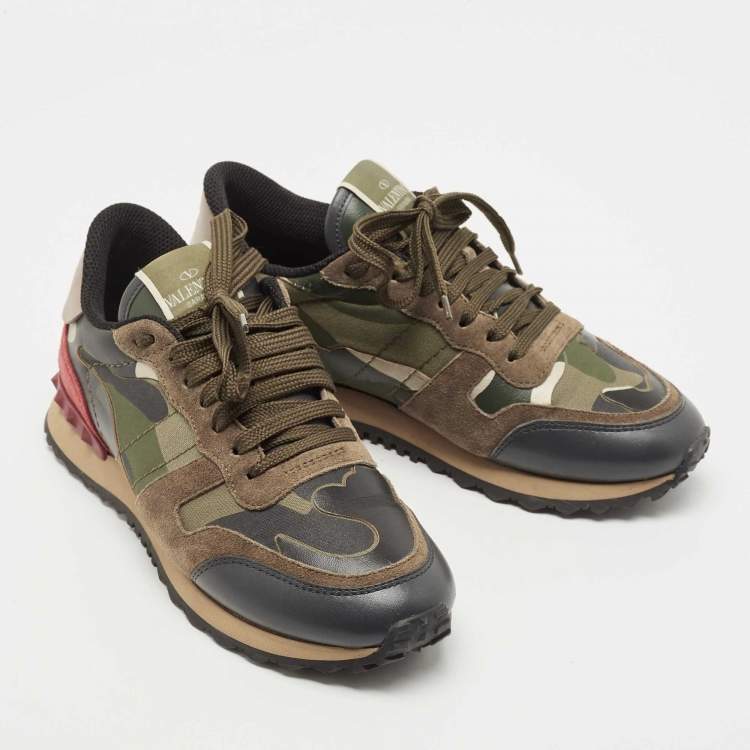 مملوكة مسبقًا Valentino Multicolor Leather and Canvas Rockrunner Camouflage Low Top Sneakers Size 37.5