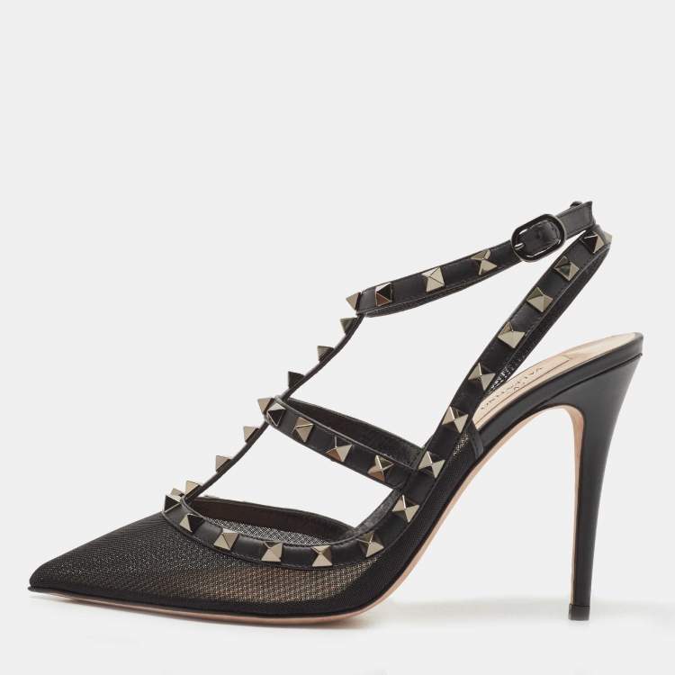 Pre Owned Valentino Black Mesh and Leather Rockstud Ankle Strap Pumps Size 40