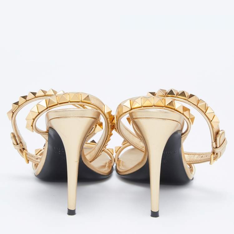 Pre Owned Valentino Gold Leather Rockstud Ankle Strap Sandals Size 36