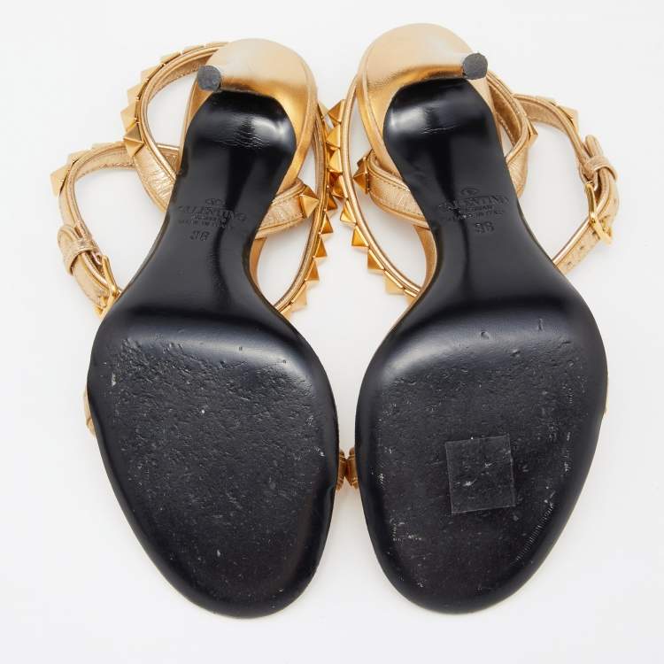 Pre Owned Valentino Gold Leather Rockstud Ankle Strap Sandals Size 36