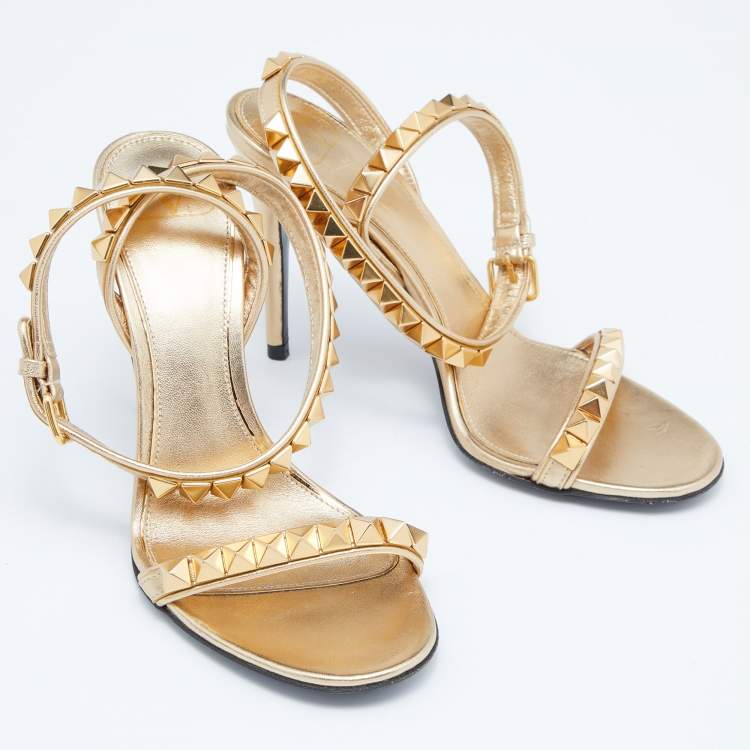 Pre Owned Valentino Gold Leather Rockstud Ankle Strap Sandals Size 36