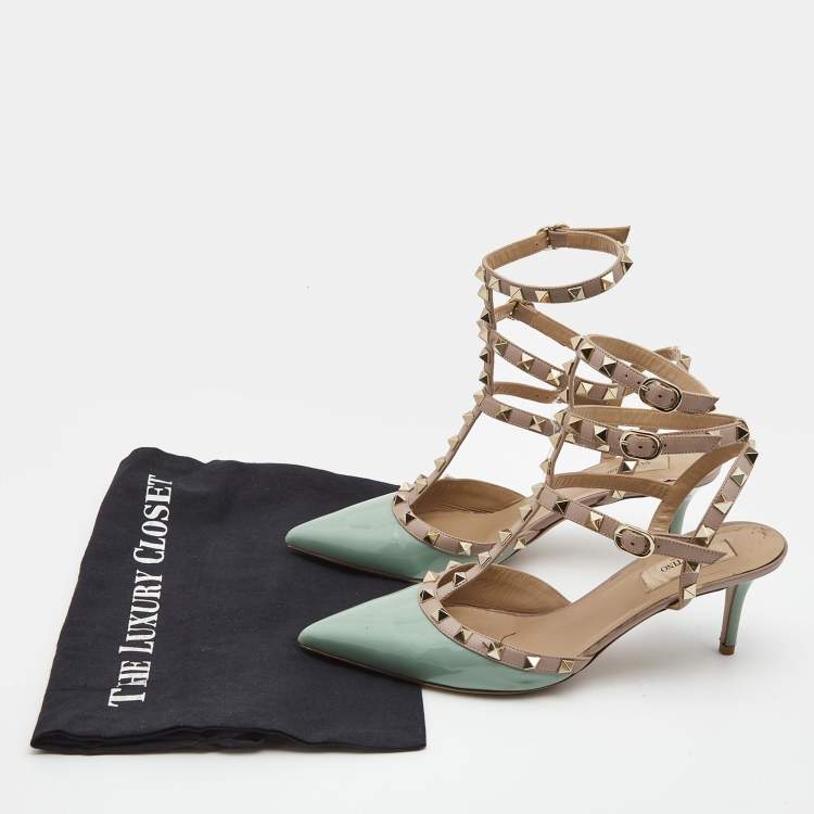 Pre Owned Valentino Blue/Beige Patent and Leather Rockstud Pumps Size 40