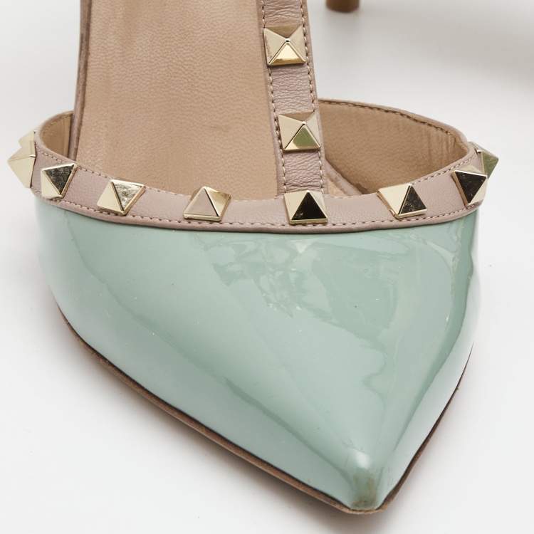 Pre Owned Valentino Blue/Beige Patent and Leather Rockstud Pumps Size 40