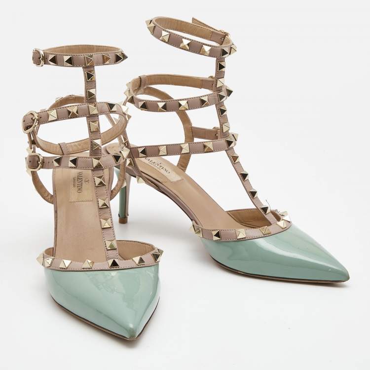 Pre Owned Valentino Blue/Beige Patent and Leather Rockstud Pumps Size 40