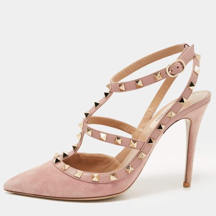 Pre Owned Valentino Beige Leather and Suede Rockstud Ankle Strap Pumps Size 40