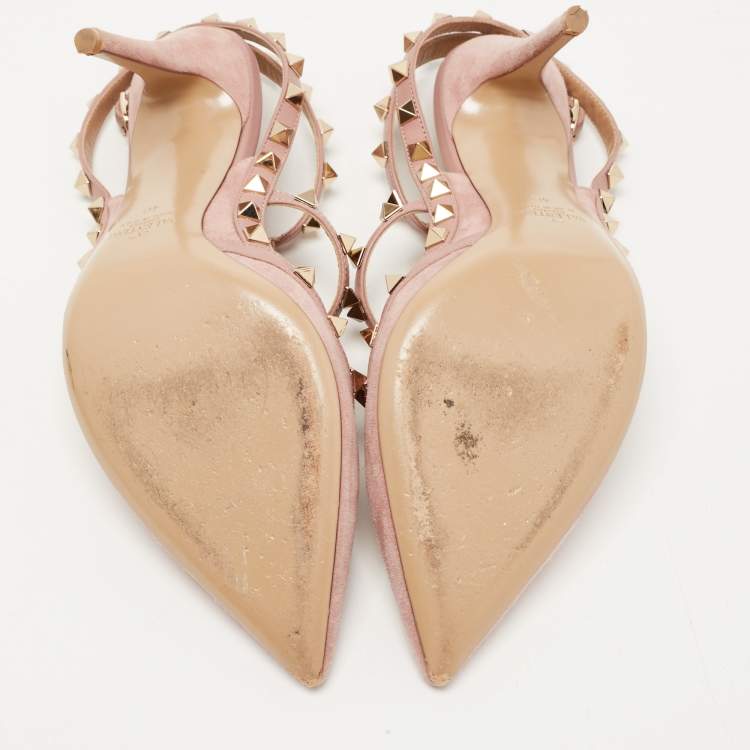Pre Owned Valentino Beige Leather and Suede Rockstud Ankle Strap Pumps Size 40