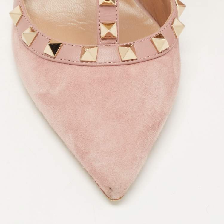 Pre Owned Valentino Beige Leather and Suede Rockstud Ankle Strap Pumps Size 40