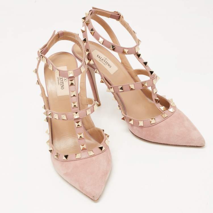 Pre Owned Valentino Beige Leather and Suede Rockstud Ankle Strap Pumps Size 40