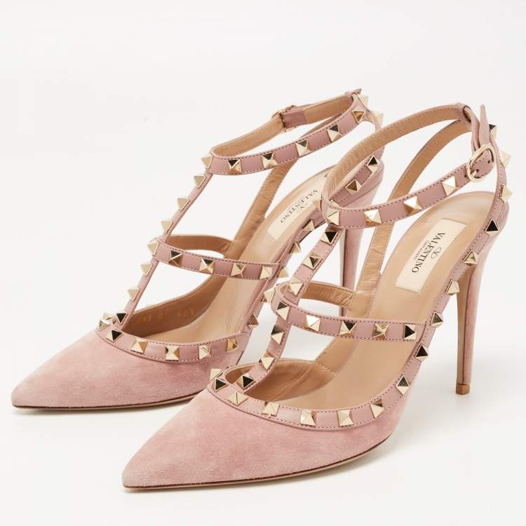 Pre Owned Valentino Beige Leather and Suede Rockstud Ankle Strap Pumps Size 40