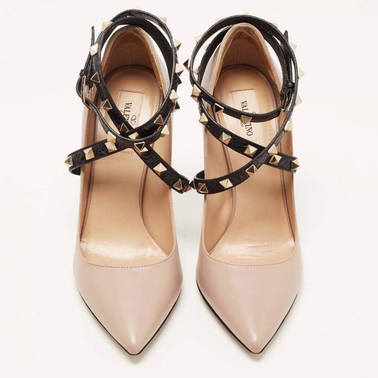 Pre Owned Valentino Dusty Pink/Black Leather Rockstud Ankle Wrap Pumps Size 38