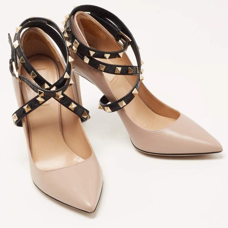 Pre Owned Valentino Dusty Pink/Black Leather Rockstud Ankle Wrap Pumps Size 38