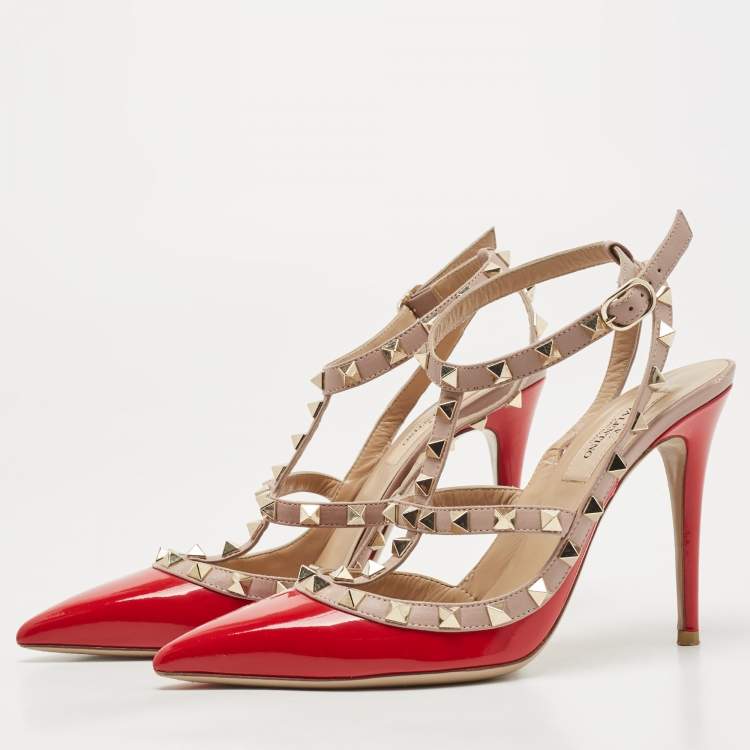 Pre Owned Valentino Red/Dusty Pink Patent and Leather Rockstud Ankle Strap Pumps Size 38