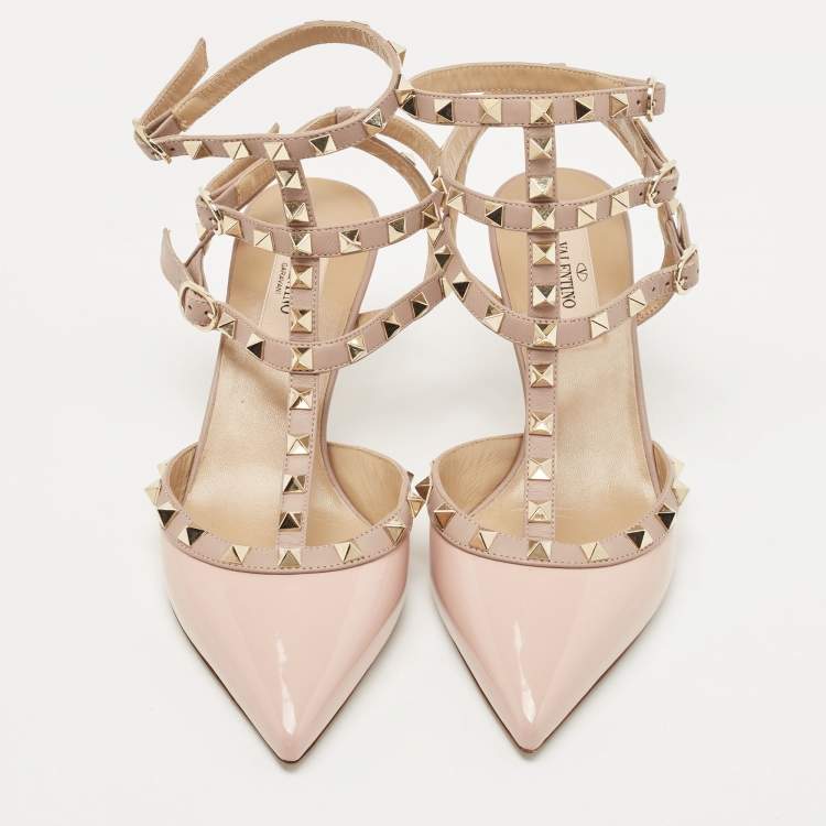 Pre Owned Valentino Pink Patent Leather Rockstud Ankle Strap Pumps Size 38
