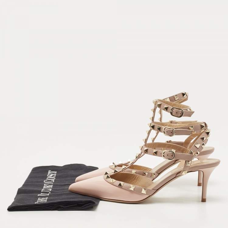 Pre Owned Valentino Pink Patent Leather Rockstud Ankle Strap Pumps Size 38