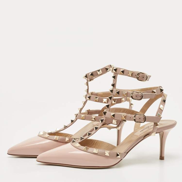Pre Owned Valentino Pink Patent Leather Rockstud Ankle Strap Pumps Size 38