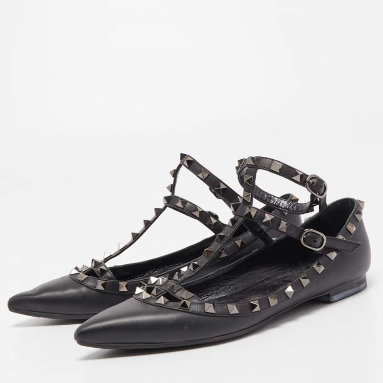 Pre Owned Valentino Black Leather Rockstud Ankle Strap Ballet Flats Size 39