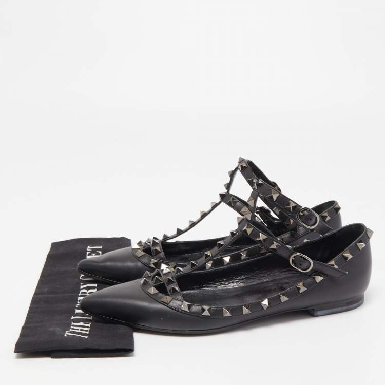Pre Owned Valentino Black Leather Rockstud Ankle Strap Ballet Flats Size 39