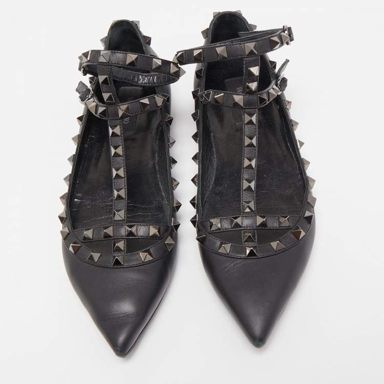 Pre Owned Valentino Black Leather Rockstud Ankle Strap Ballet Flats Size 39