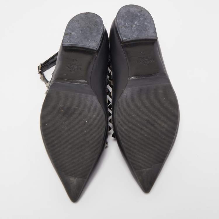 Pre Owned Valentino Black Leather Rockstud Ankle Strap Ballet Flats Size 39