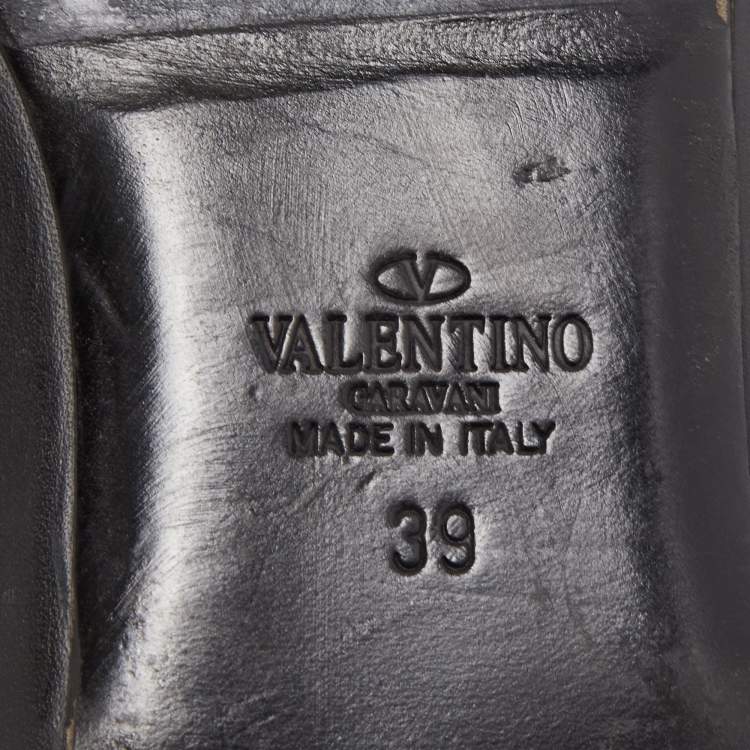 Pre Owned Valentino Black Leather Rockstud Ankle Strap Ballet Flats Size 39