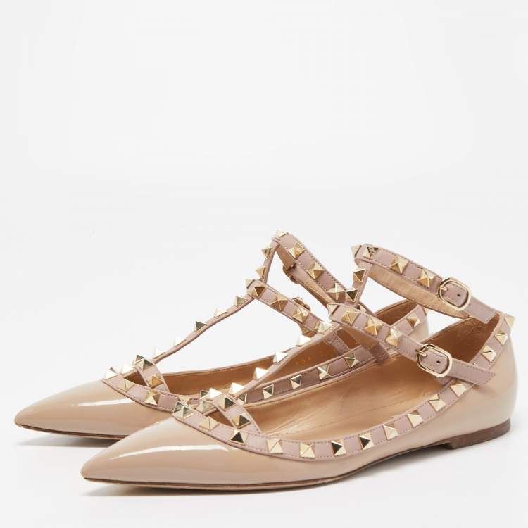 Pre Owned Valentino Two Tone Patent and Leather Rockstud Ankle Strap Ballet Flats Size 38