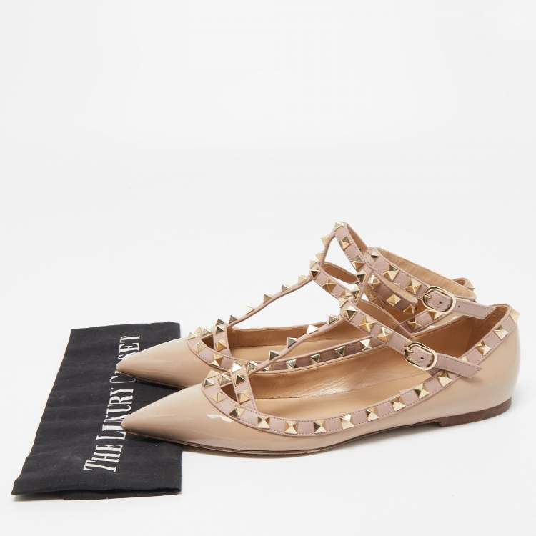 Pre Owned Valentino Two Tone Patent and Leather Rockstud Ankle Strap Ballet Flats Size 38