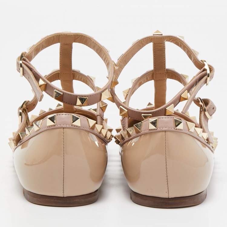 Pre Owned Valentino Two Tone Patent and Leather Rockstud Ankle Strap Ballet Flats Size 38