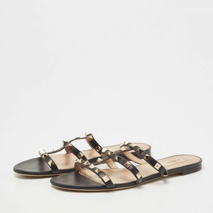 Pre Owned Valentino Black Leather Rockstud Flat Slides Size 38