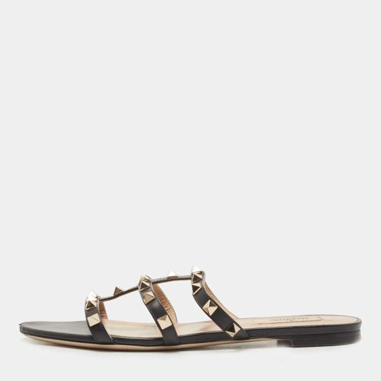 Pre Owned Valentino Black Leather Rockstud Flat Slides Size 38