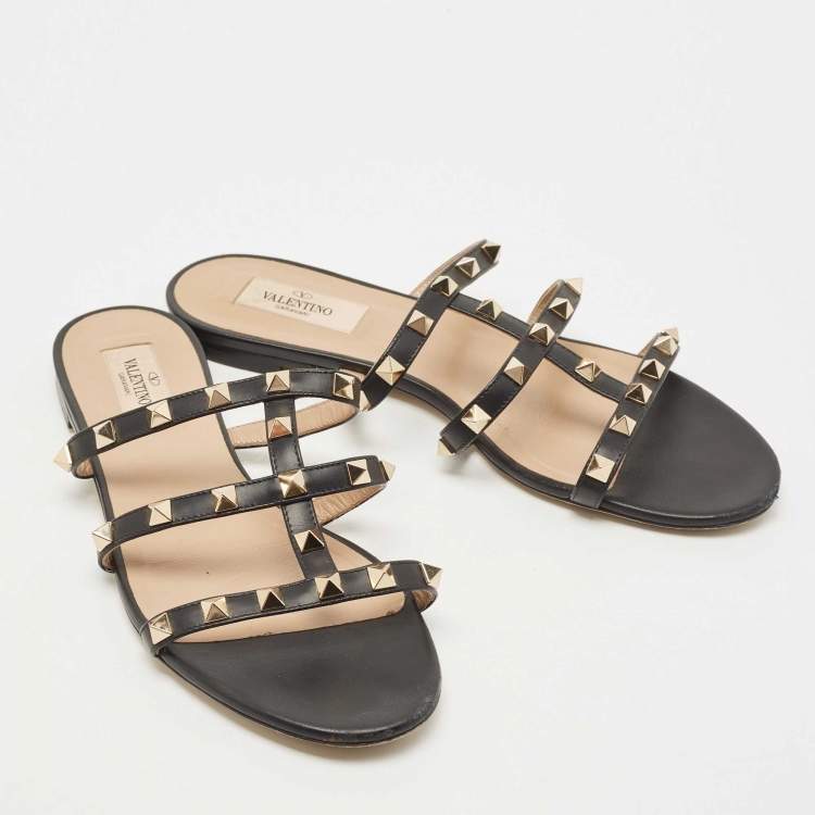 Pre Owned Valentino Black Leather Rockstud Flat Slides Size 38