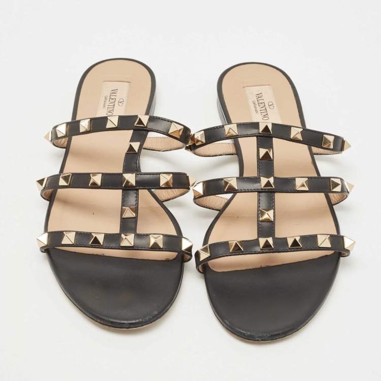 Pre Owned Valentino Black Leather Rockstud Flat Slides Size 38