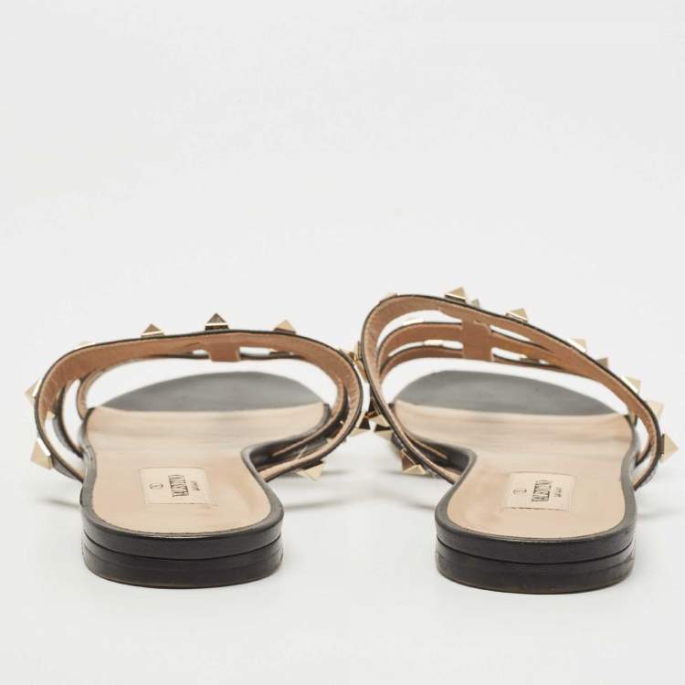 Pre Owned Valentino Black Leather Rockstud Flat Slides Size 38