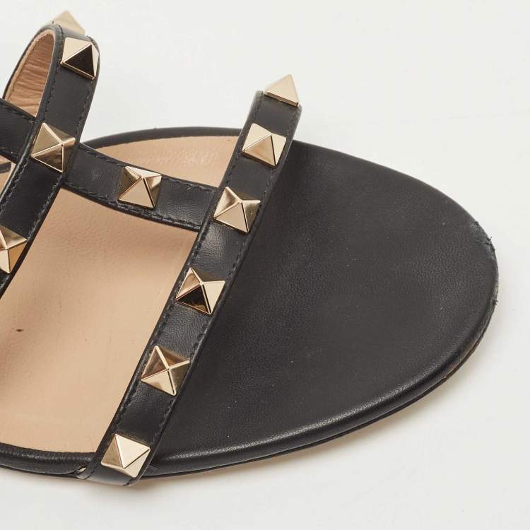 Pre Owned Valentino Black Leather Rockstud Flat Slides Size 38
